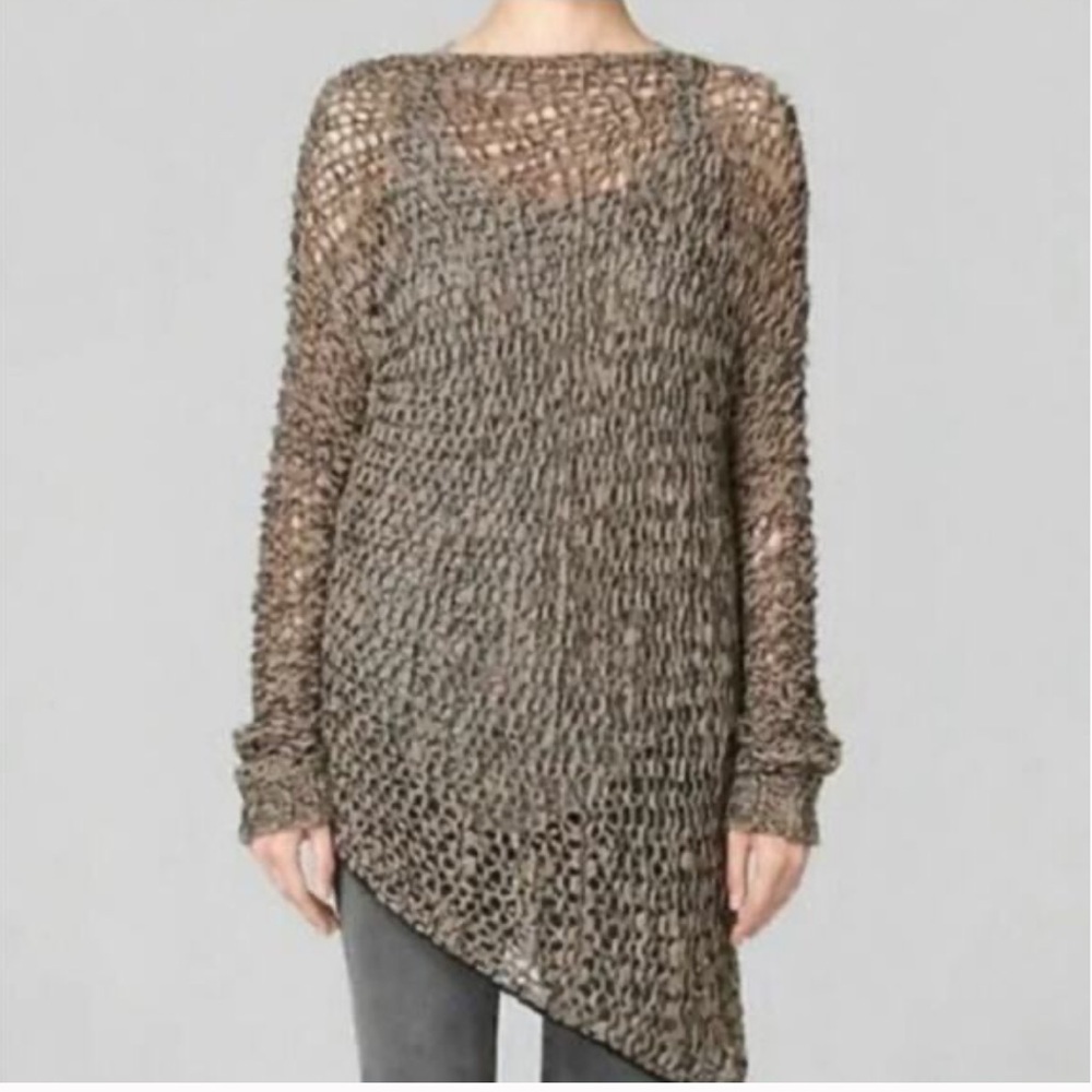 Helmut Lang tattered tape taupe asymmetrical alpaca wool blend sweater open knit - Picture 2 of 12